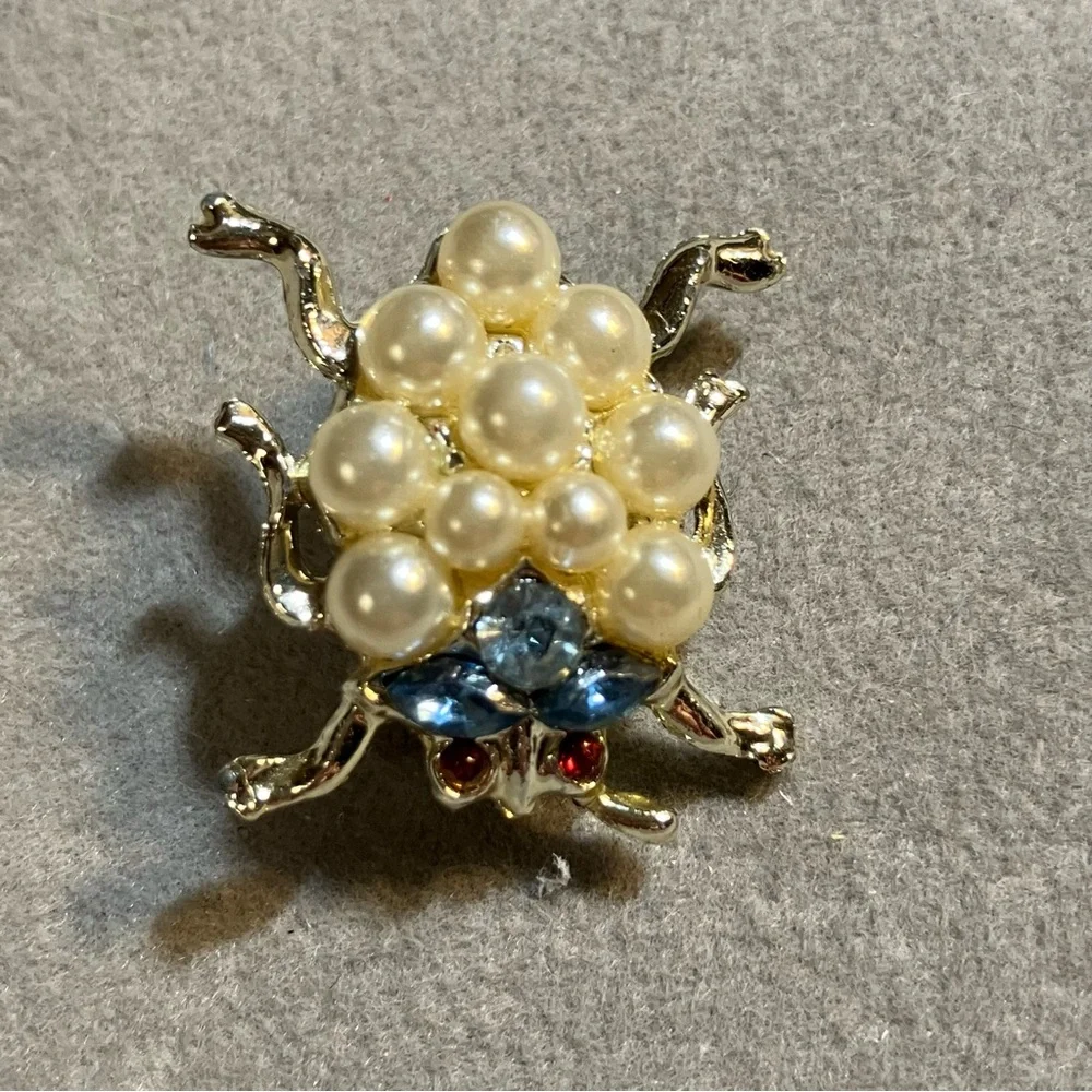 Vintage Rhinestone and Faux Pearl Bug Brooch